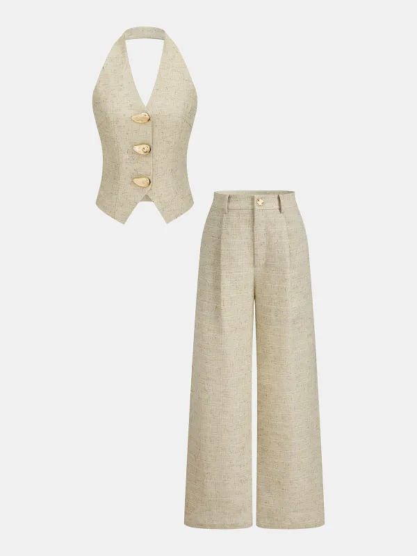 Halter Metal Detail Vest & Wide Leg Pants Set made by COMMENSE