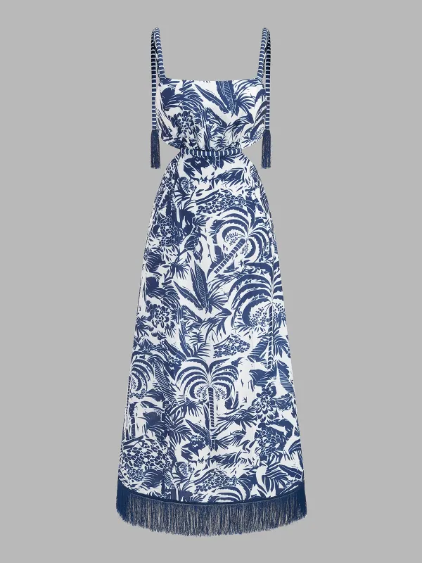 Tropical Print Fringe Cutout Maxi Dress made by COMMENSE
