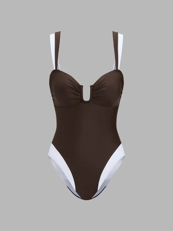 Color Block U Cut One Piece Swimsuit made by COMMENSE