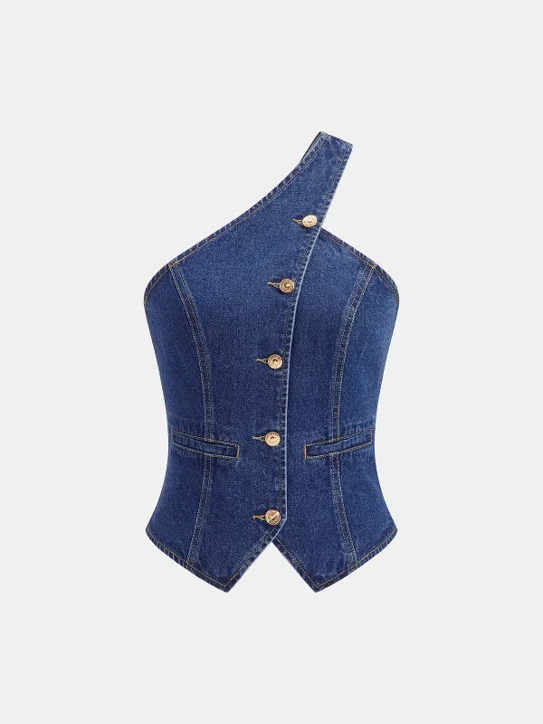 One Shoulder Buttoned Denim Vest made by COMMENSE