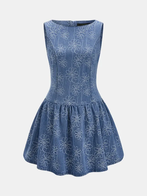 Denim Floral Jacquard Sleeveless Mini Dress made by COMMENSE