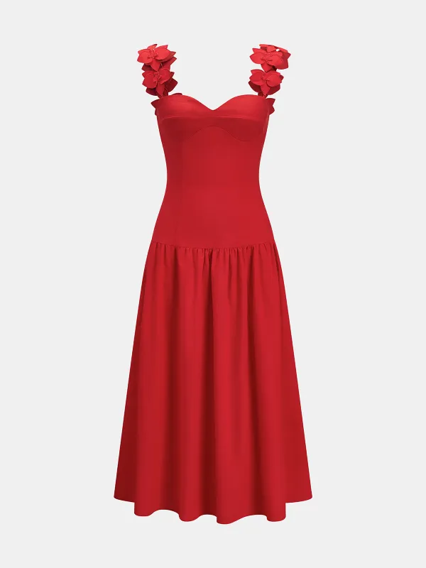 Flower Strap Cotton Linen Midi Dress made by COMMENSE