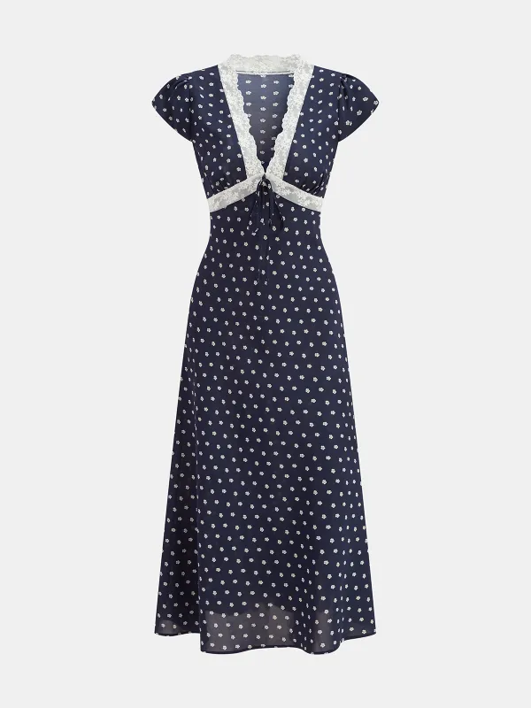 Ditsy Floral Lace Trim V-Neck Maxi Dress made by COMMENSE