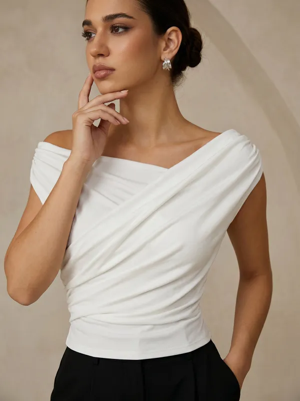Asymmetric Neckline Ruched Blouse made by COMMENSE
