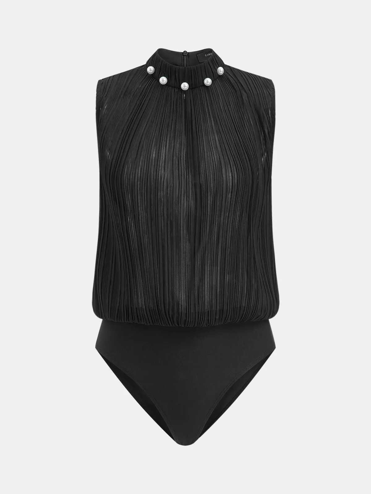Pearl Neckline Pleated Sleeveless Bodysuit sold by COMMENSE product image thumbnail 2