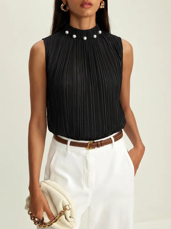 Pearl Neckline Pleated Sleeveless Bodysuit made by COMMENSE