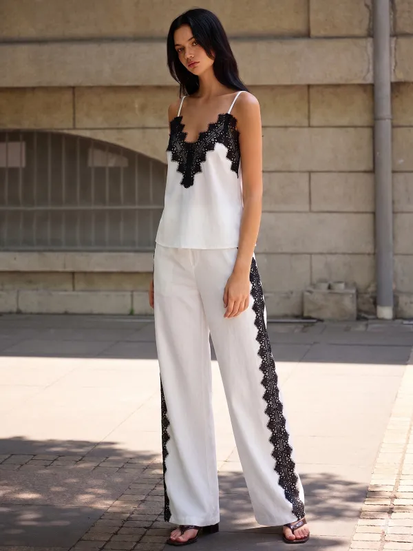 Lace Trim Cami Top & Wide Leg Pants Set made by COMMENSE