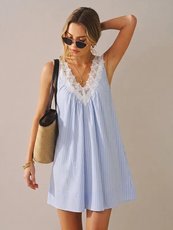 Striped Lace Trim V-Neck Mini Dress made by COMMENSE