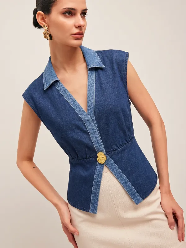 Contrast Trim Cinched Waist Sleeveless Denim Top made by COMMENSE