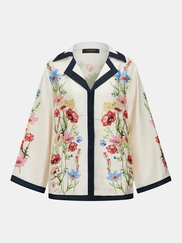 Contrast Trim Satin Floral Print Blouse made by COMMENSE