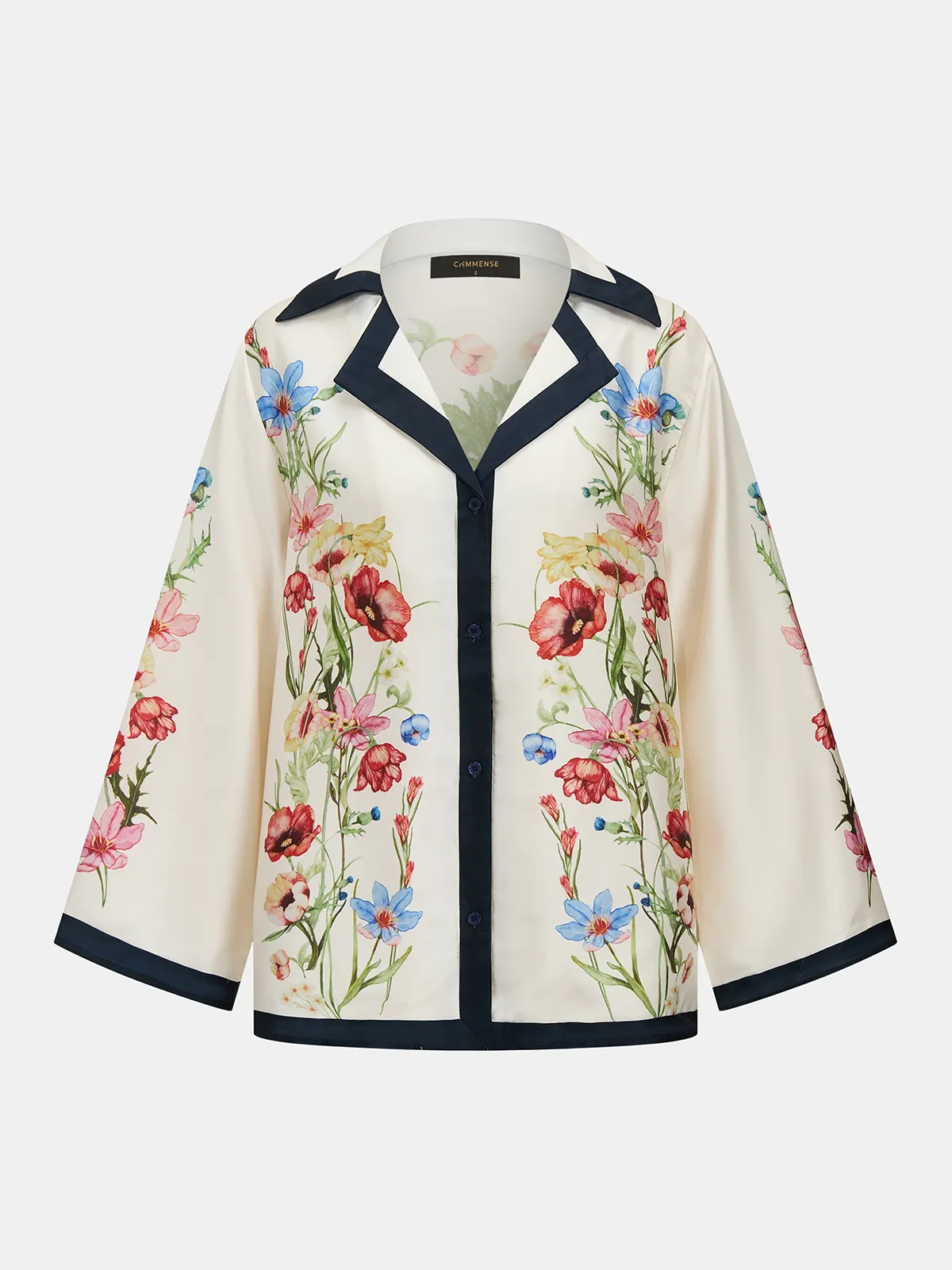Contrast Trim Satin Floral Print Blouse sold by COMMENSE