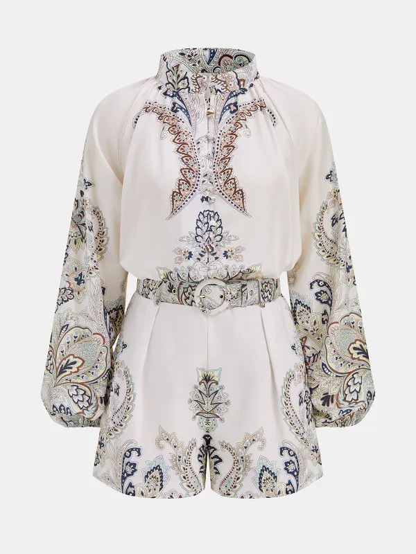 Linen Blend Paisley Print Belted Blouse & Shorts Set made by COMMENSE