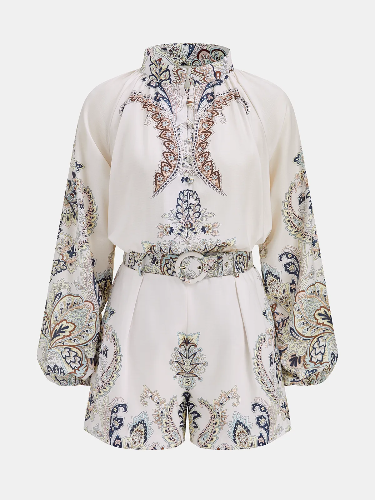 Linen Blend Paisley Print Belted Blouse & Shorts Set sold by COMMENSE