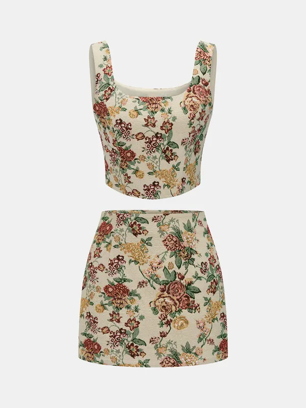 Floral Jacquard Bustier Crop Top & Mini Skirt Set made by COMMENSE