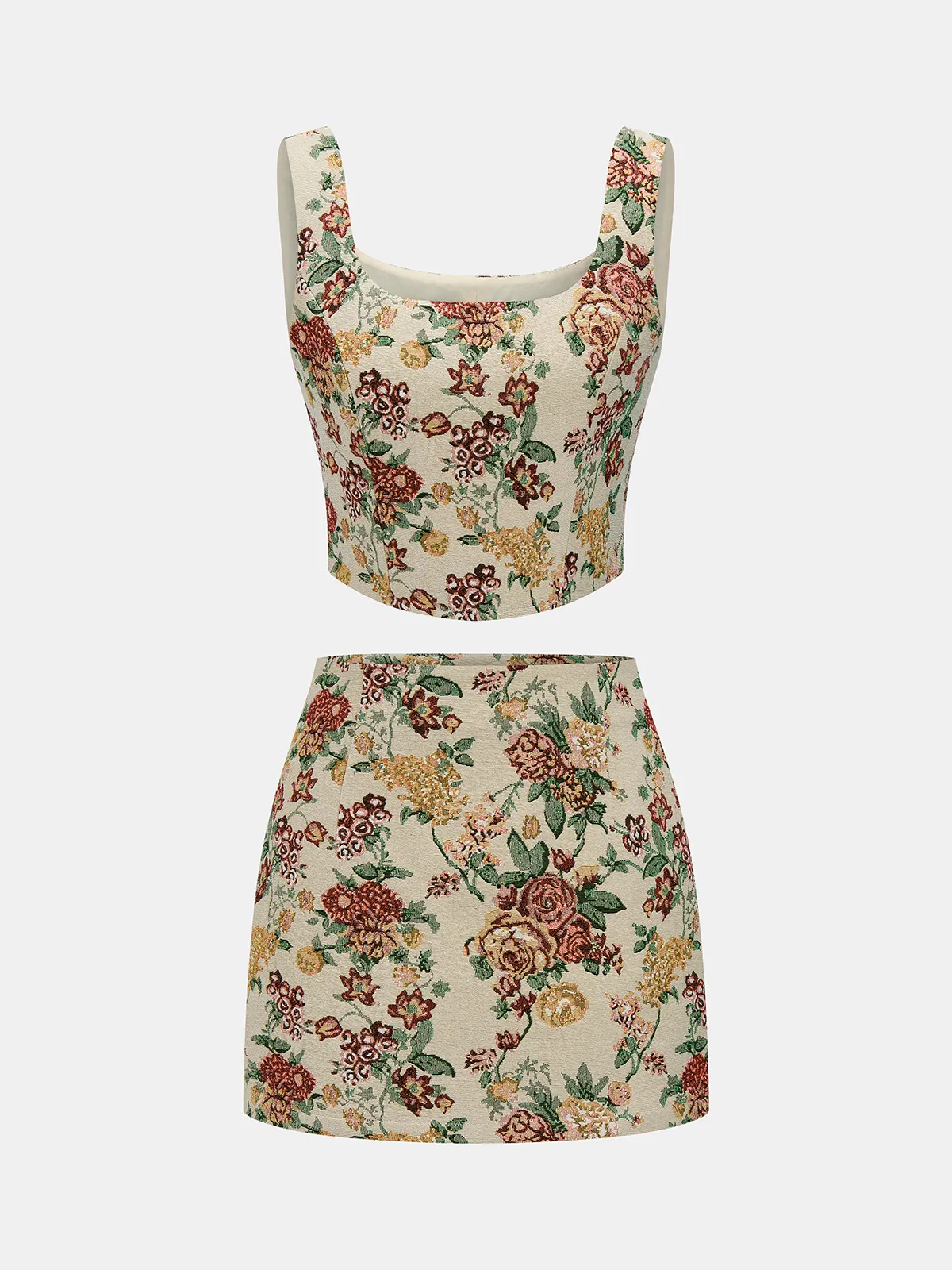 Floral Jacquard Bustier Crop Top & Mini Skirt Set sold by COMMENSE