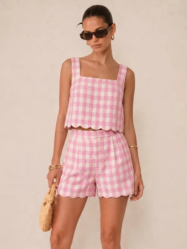 Gingham Scallop Hem Crop Top & Shorts Set made by COMMENSE