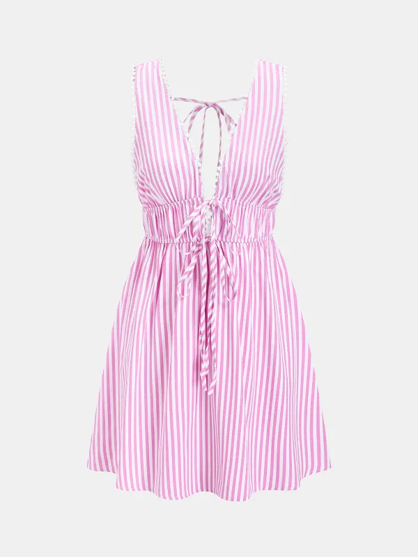 Striped Backless Lace Trim Mini Dress made by COMMENSE