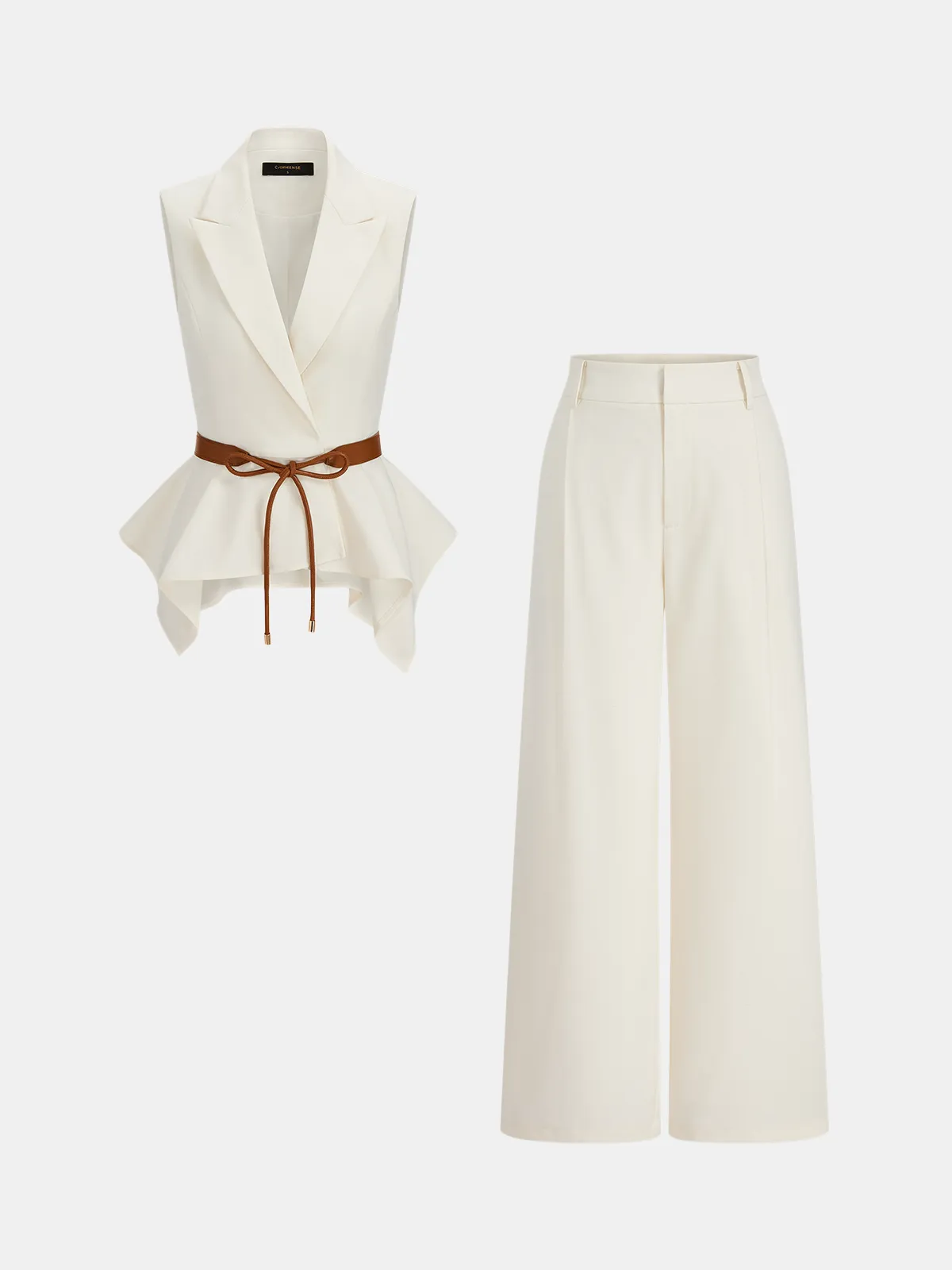 Belted Peplum Blazer Vest & Wide Leg Pants Set sold by COMMENSE
