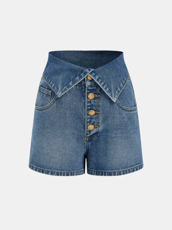 Fold Over Waistband Metal Button Denim Shorts made by COMMENSE