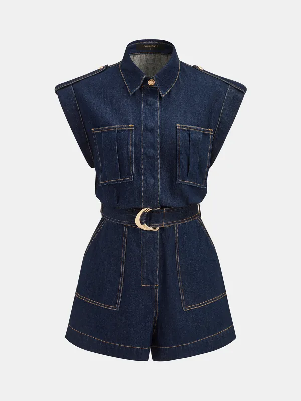 Belted Epaulet Denim Sleeveless Romper made by COMMENSE