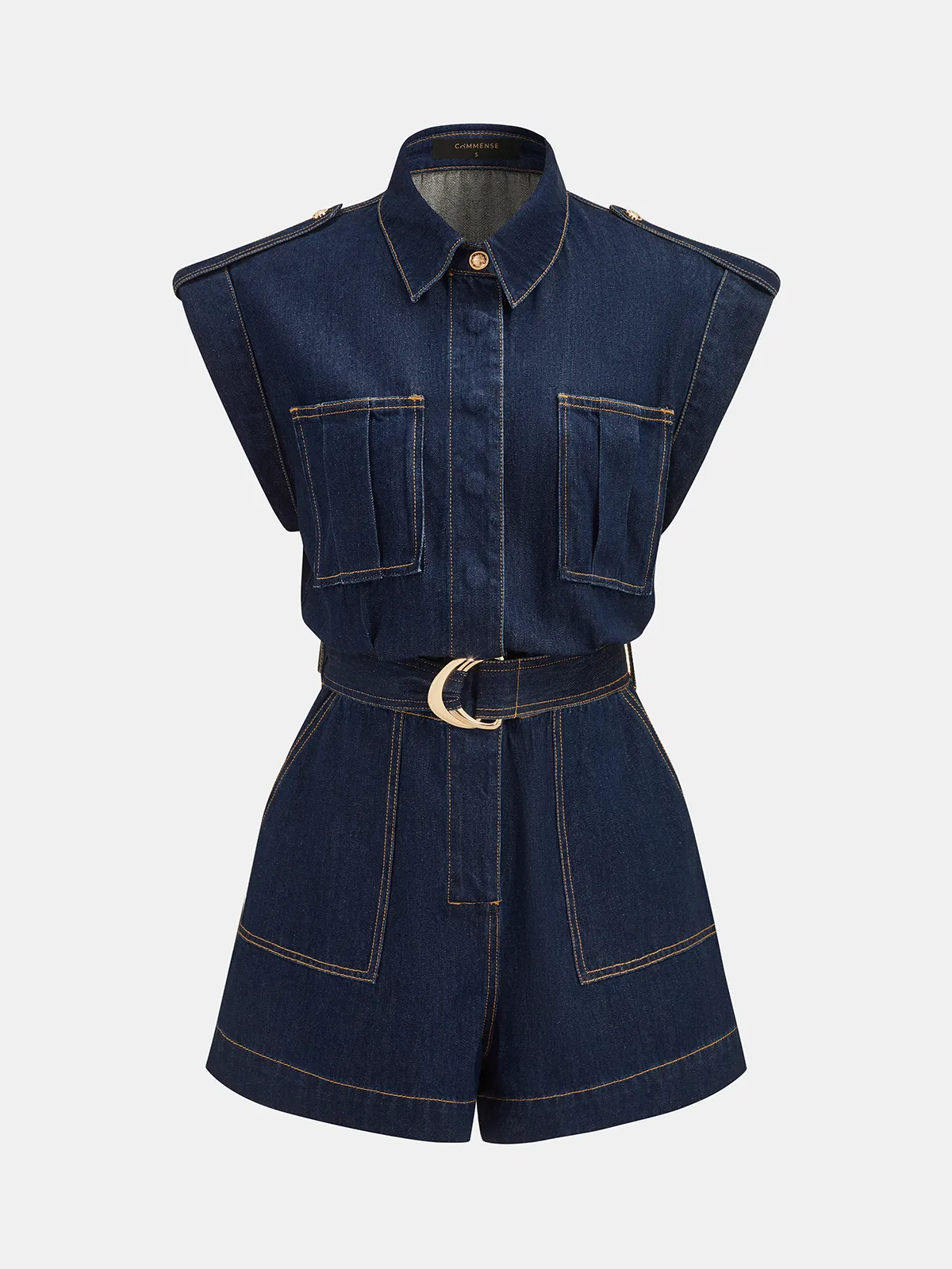 Belted Epaulet Denim Sleeveless Romper sold by COMMENSE
