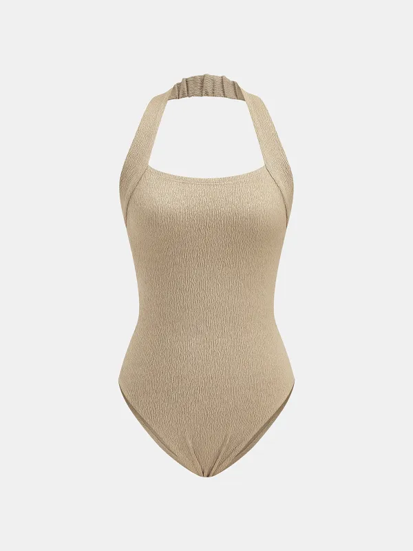 Crinkle Texture Halter Neck Sleeveless Bodysuit made by COMMENSE