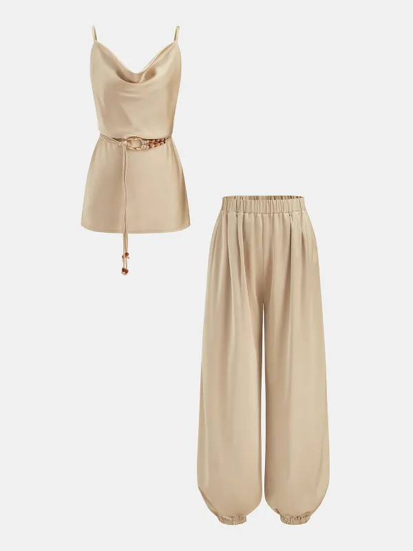 Cowl Neck Cami Top & Elastic Waist Pants Set made by COMMENSE