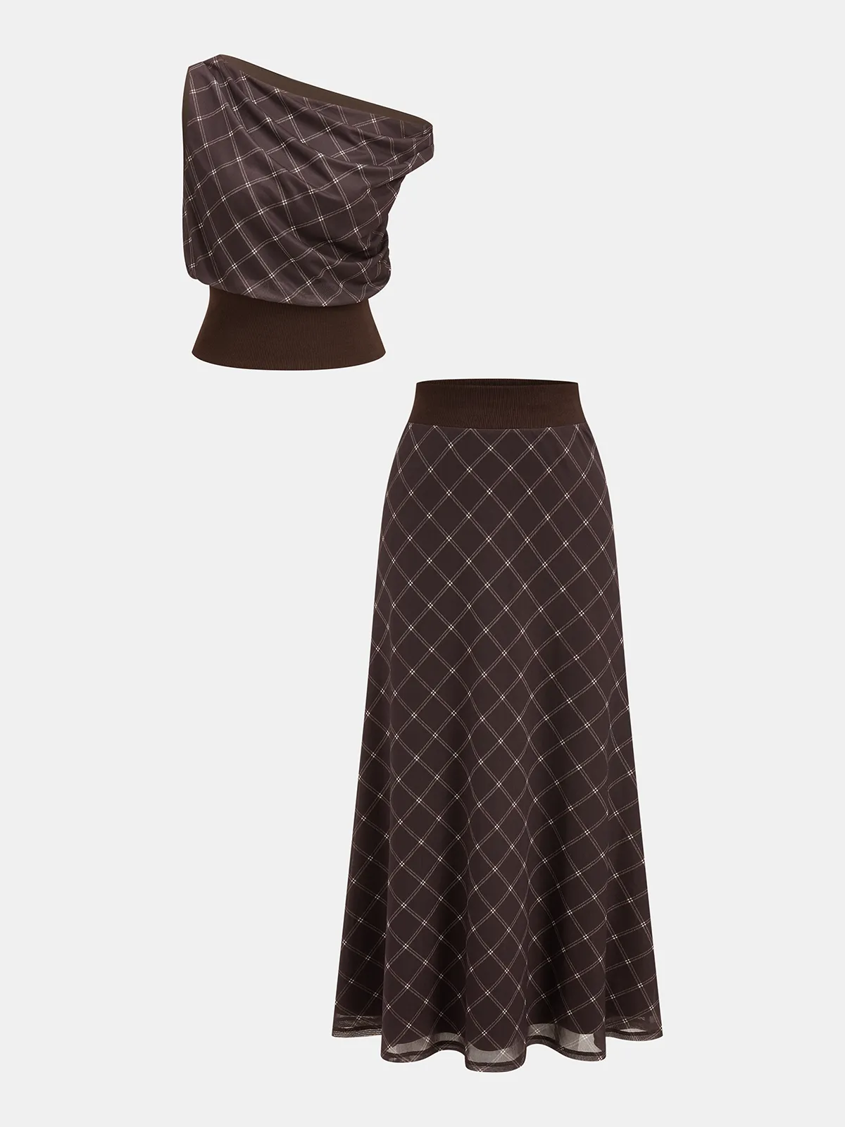 Plaid Off-Shoulder Top & Maxi Skirt Set sold by COMMENSE