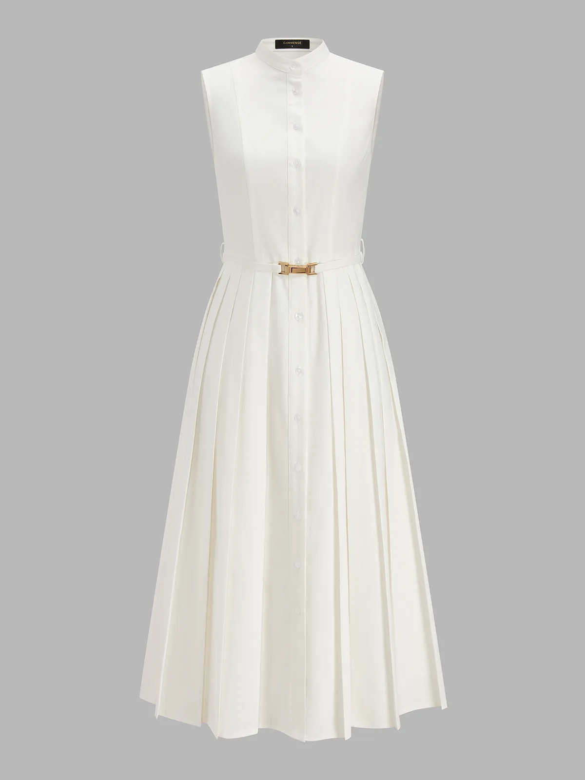 Belted Stand Collar Sleeveless Pleated Shirt Midi Dress sold by COMMENSE product image thumbnail 2
