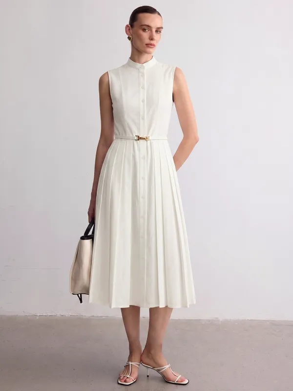 Belted Stand Collar Sleeveless Pleated Shirt Midi Dress made by COMMENSE