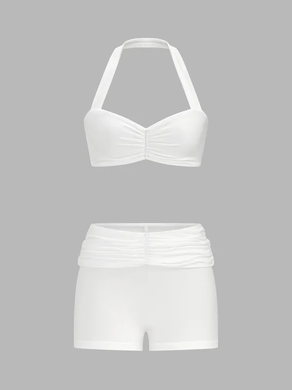 Ruched Halter Neck Two Piece Swimsuit Set made by COMMENSE