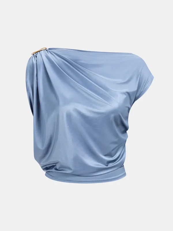 Draped Off-Shoulder Metal Buckle Crop Top made by COMMENSE