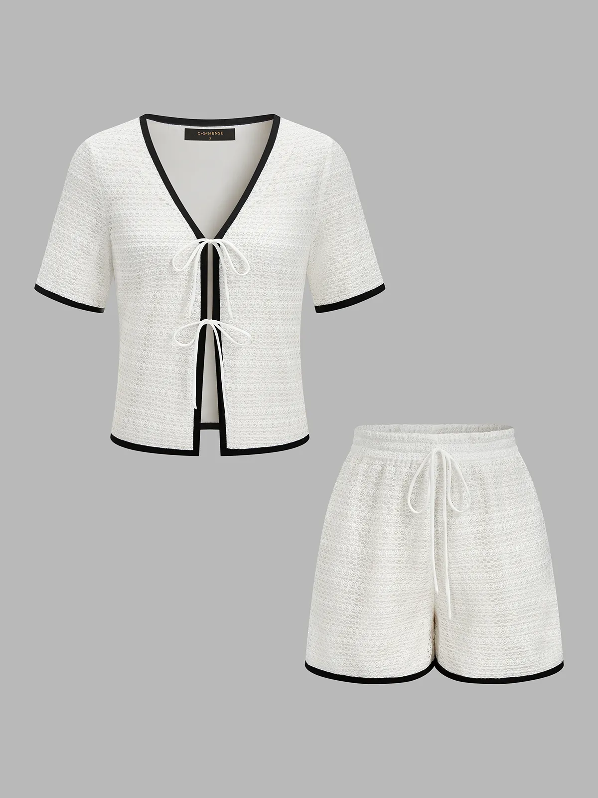Knitted Contrast Binding Tie Front Top & Shorts Set sold by COMMENSE product image thumbnail 2