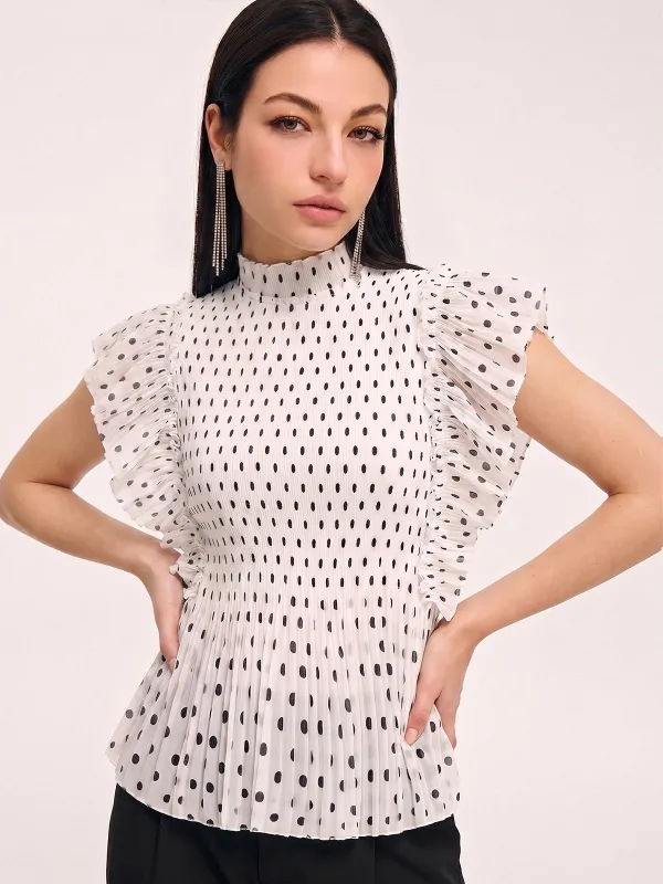 Polka Dot Ruffle Sleeve High Neck Blouse made by COMMENSE
