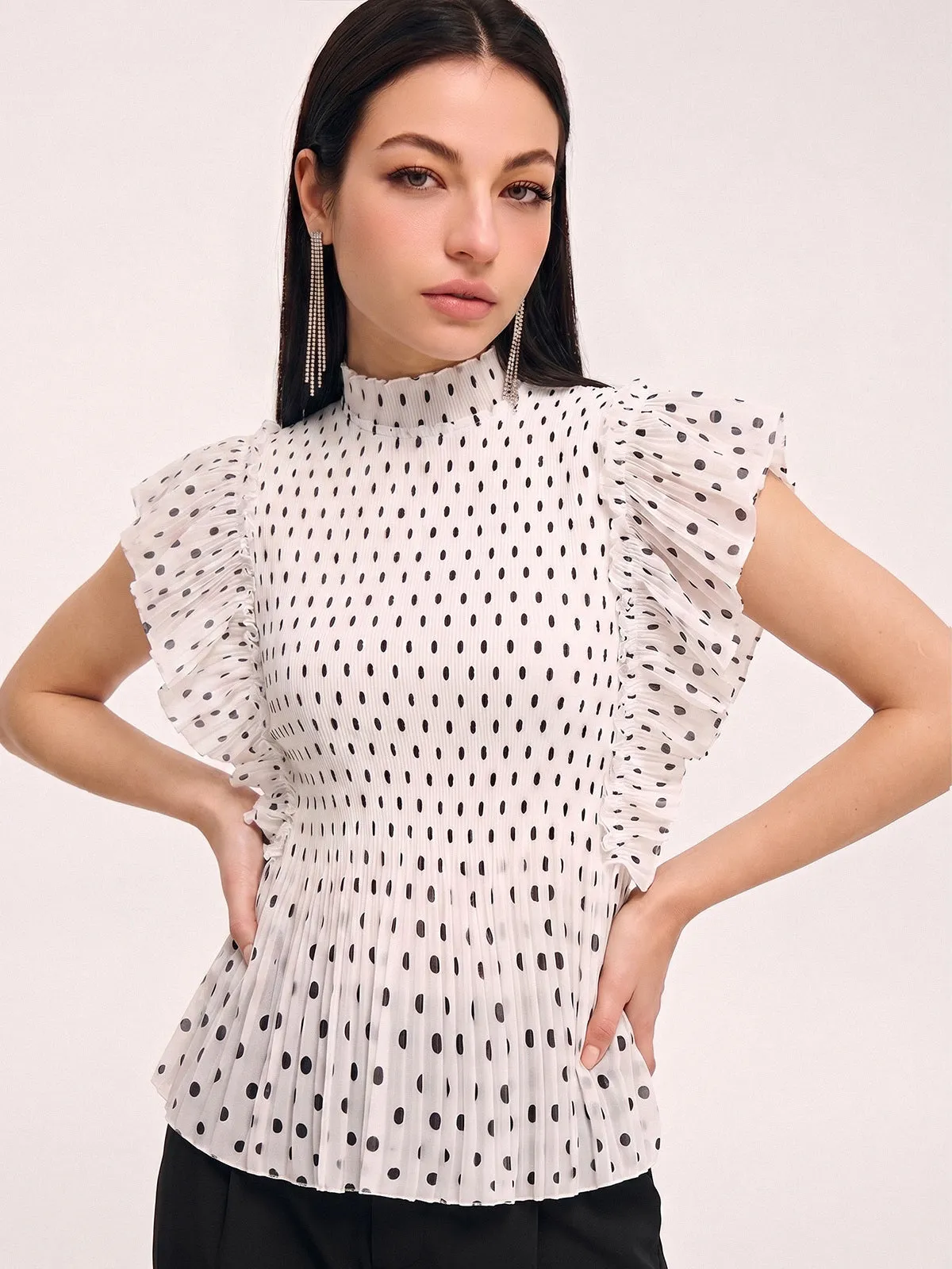 Polka Dot Ruffle Sleeve High Neck Blouse sold by COMMENSE