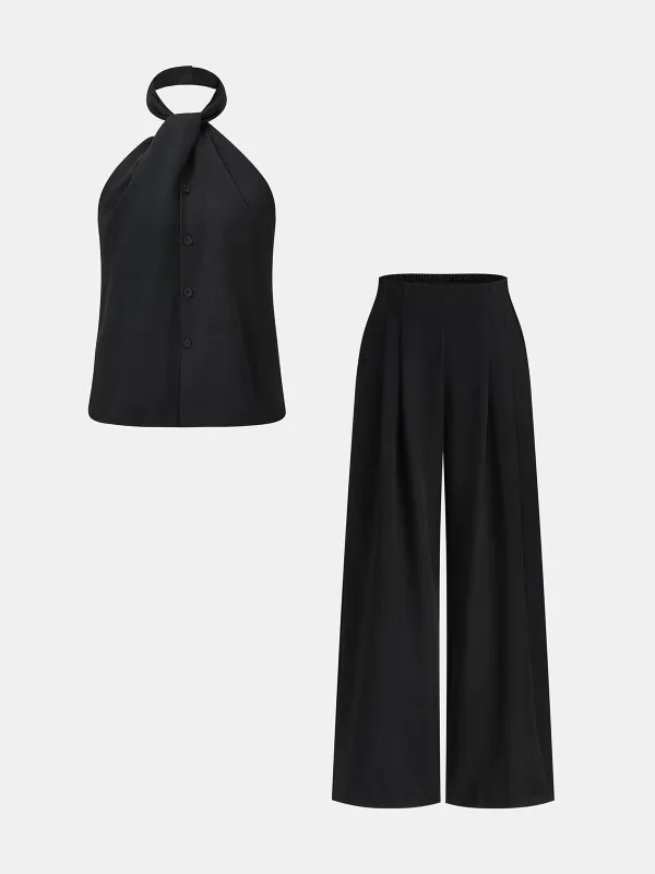 Halter Neck Button Top & Wide Leg Pants Set made by COMMENSE