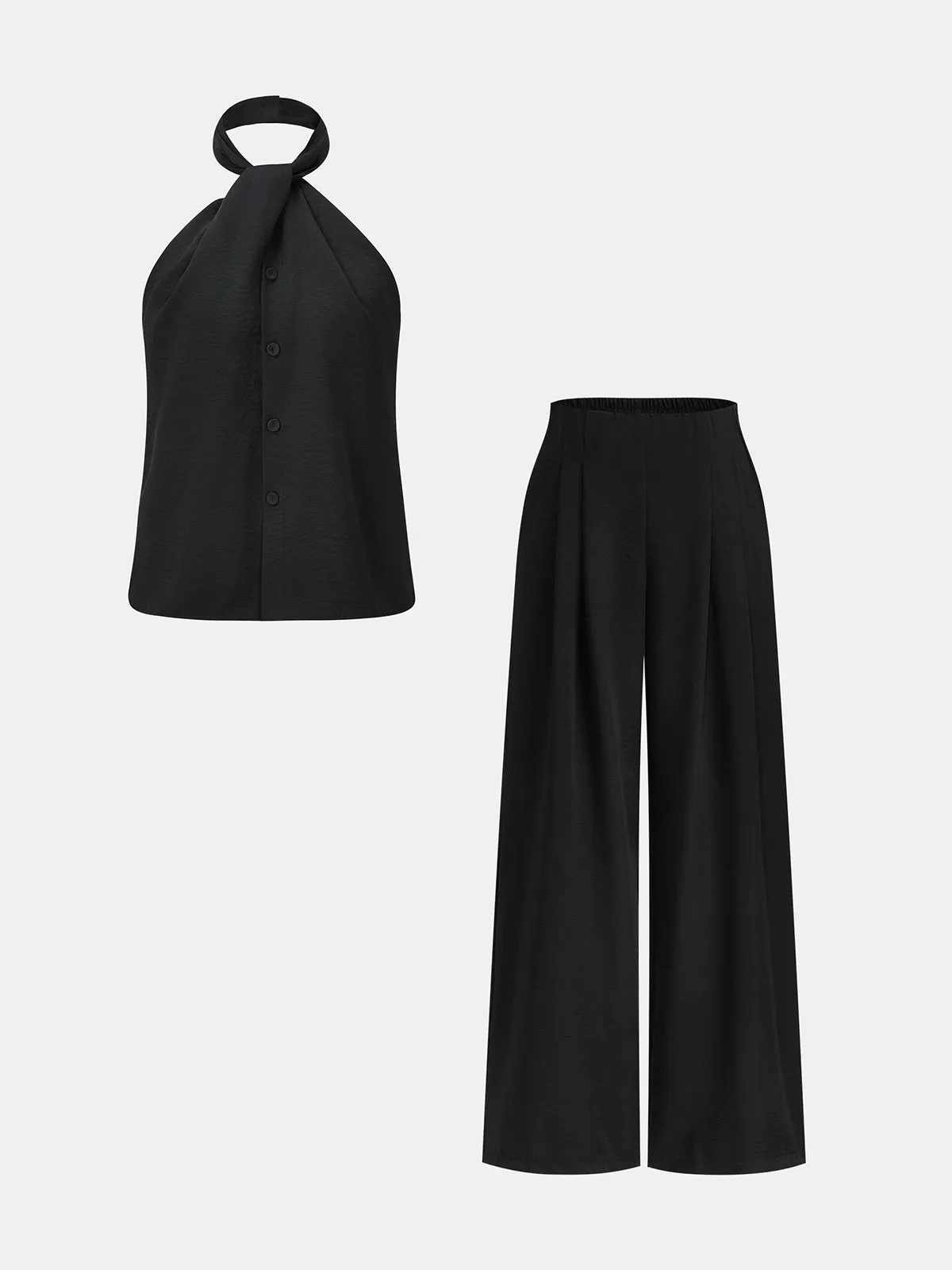 Halter Neck Button Top & Wide Leg Pants Set sold by COMMENSE