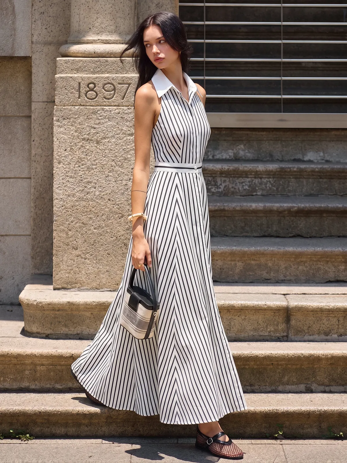 Striped Sleeveless Shirt Maxi Dress sold by COMMENSE