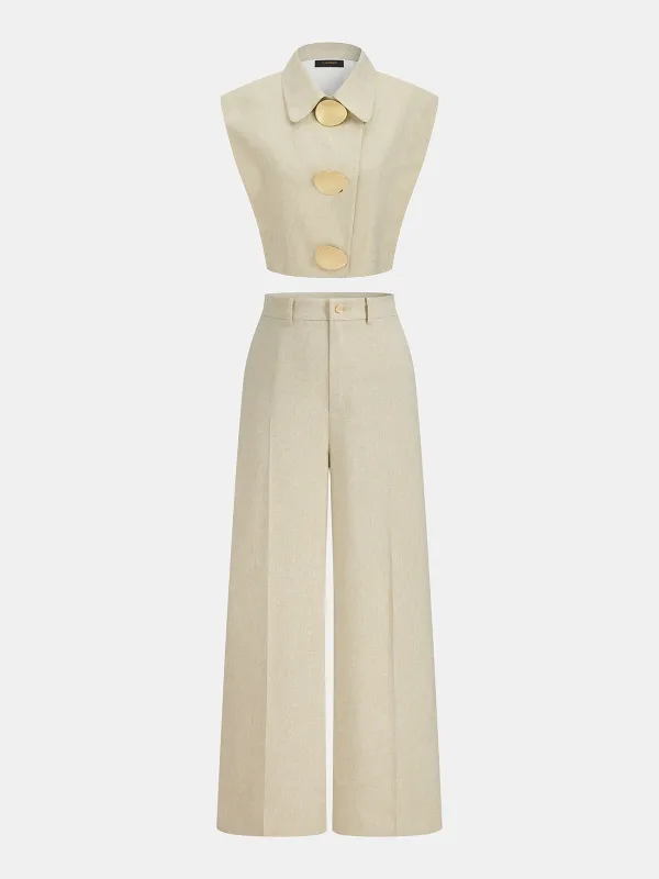 Cotton Blend Collared Crop Vest & Pants Set made by COMMENSE