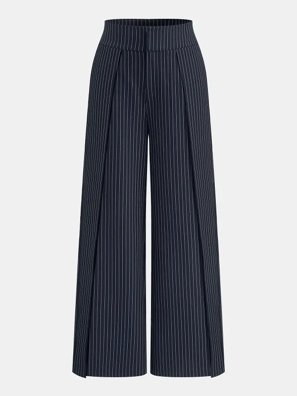 Mid Waist Pinstripe Wide Leg Pants made by COMMENSE