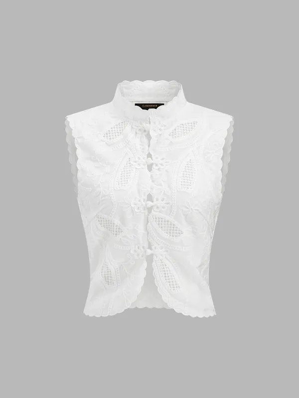 Frog Button Eyelet Embroidered Sleeveless Top made by COMMENSE