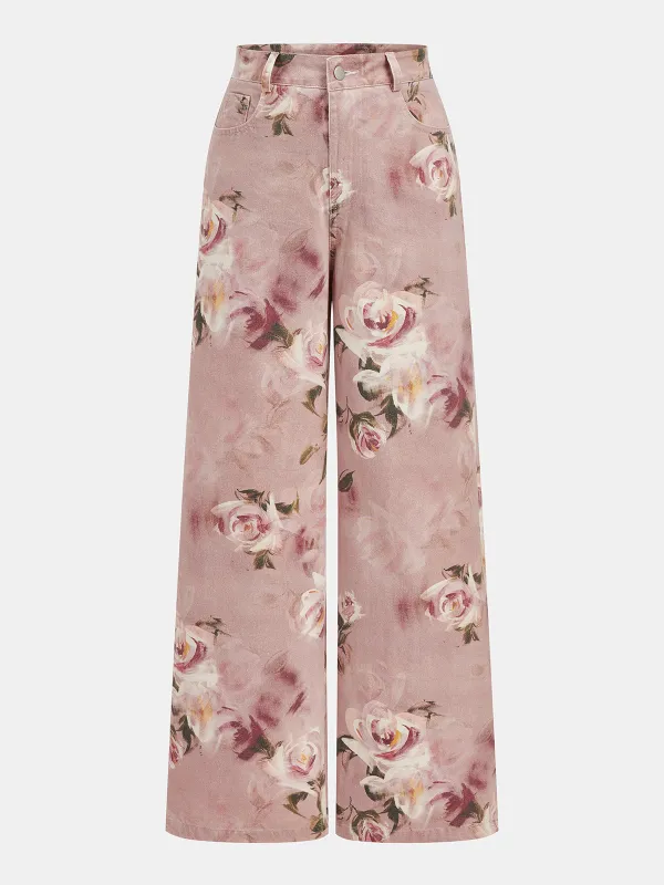 Mid-Waist Rose Print Wide Leg Denim Pants made by COMMENSE