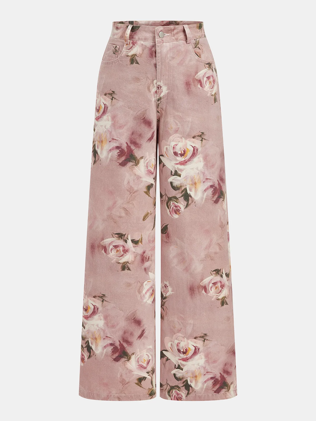 Mid-Waist Rose Print Wide Leg Denim Pants sold by COMMENSE