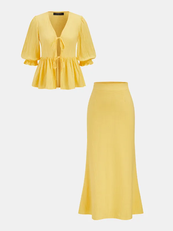 Cotton Tie-Front Peplum Top & Skirt Set made by COMMENSE