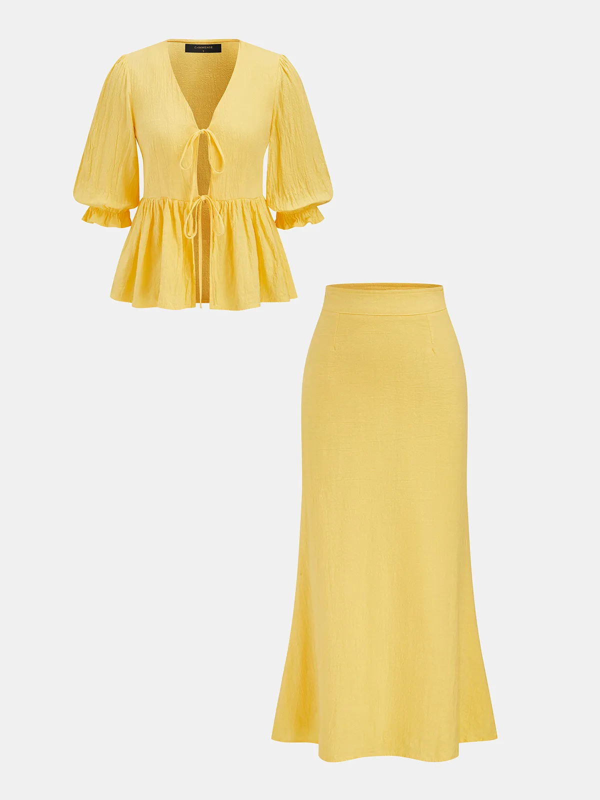 Cotton Tie-Front Peplum Top & Skirt Set sold by COMMENSE