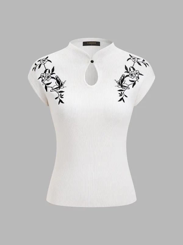 Butterfly Embroidery Keyhole Ribbed Knit Top made by COMMENSE