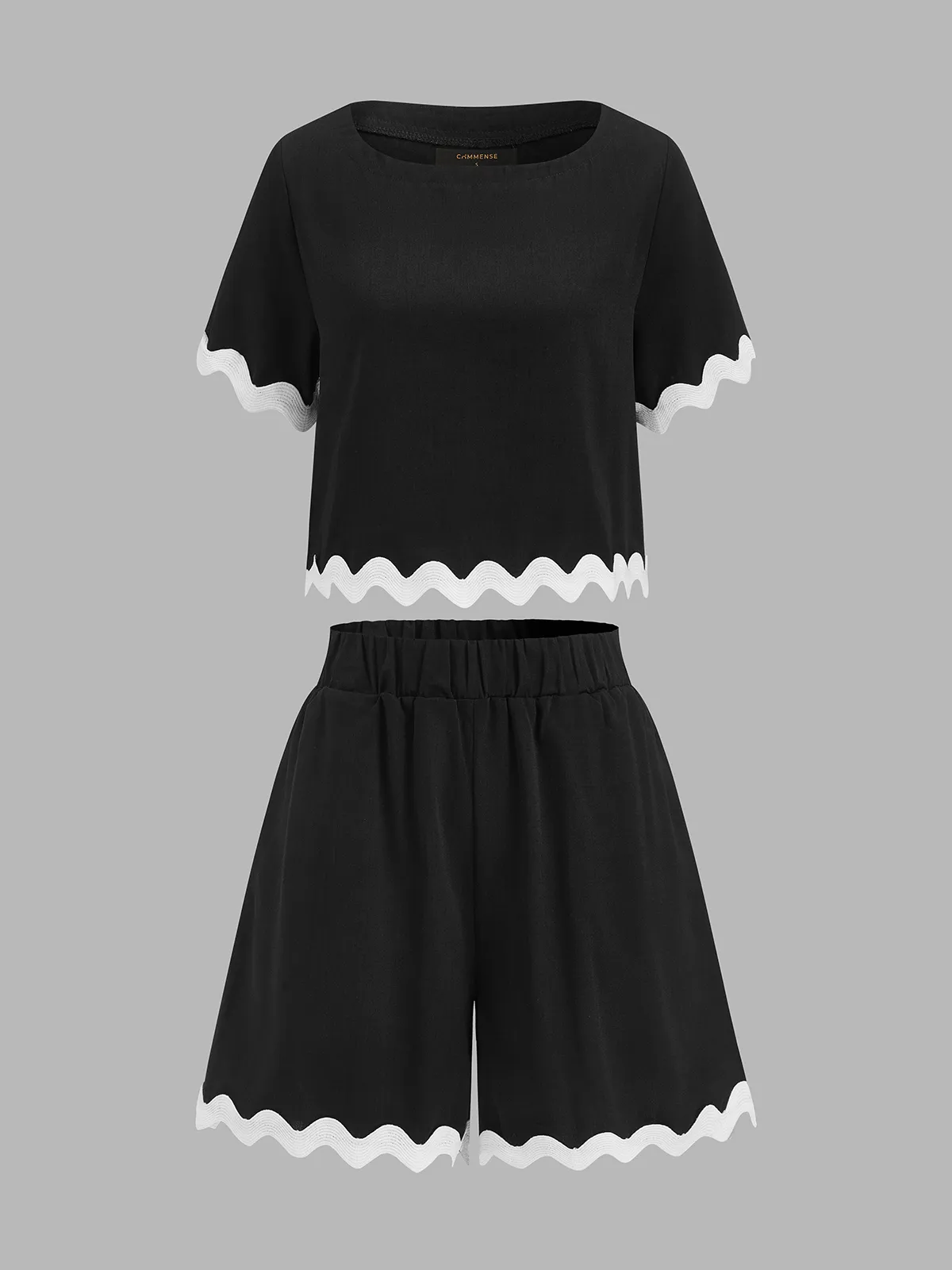 Contrast Scallop Trim Short Sleeve Top & Shorts Set sold by COMMENSE