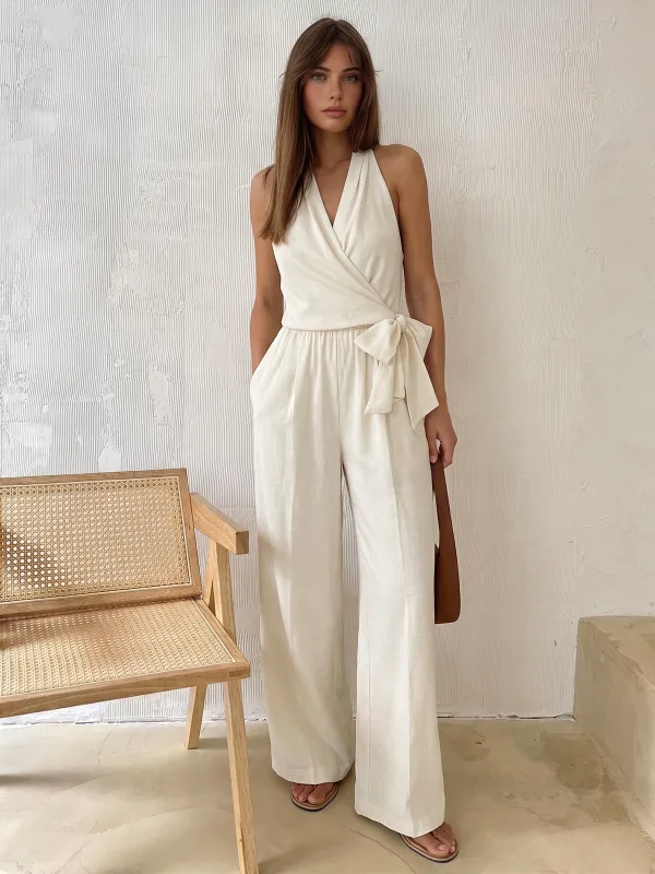 Halter Neck Tie Waist Wide Leg Jumpsuit made by COMMENSE