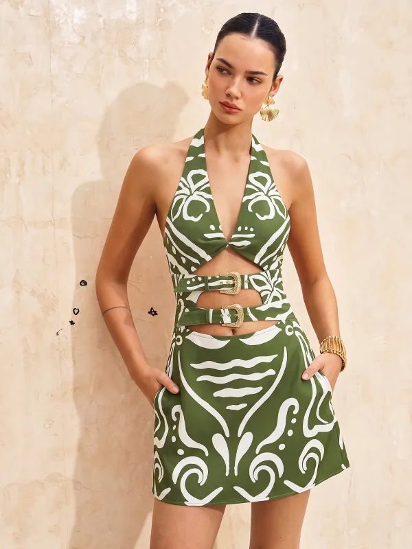 Printed Halter Cut Out Mini Dress made by COMMENSE