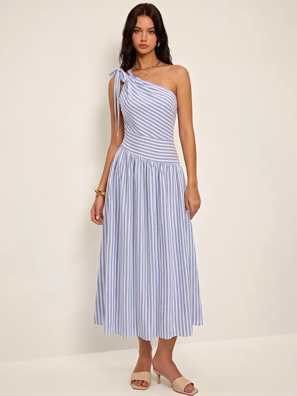 One Shoulder Striped Cotton Blend Maxi Dress made by COMMENSE